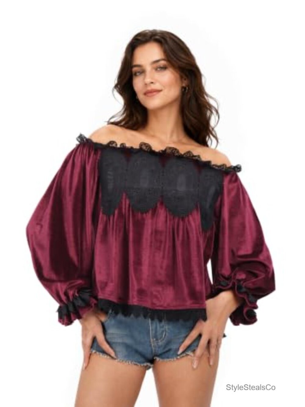 Velvet Lace Off Shoulder Blouse Long Sleeve Loose Fit Vintage Gothic Top